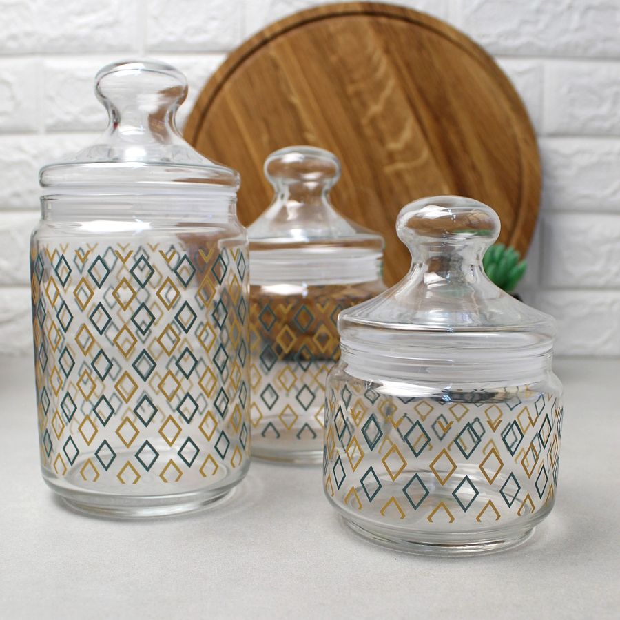 Набор стеклянных банок в ромбик Luminarc Jar Kitchen Bliss Pot Club Silo 3 шт 0,5+0,75+1 л (p2045) Luminarc