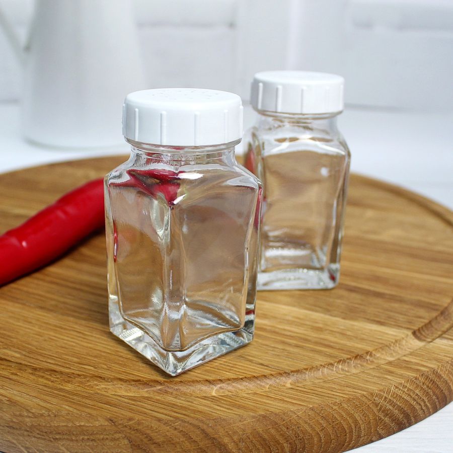 Набор стеклянных баночек для соли и перца с белыми крышками UniGlass