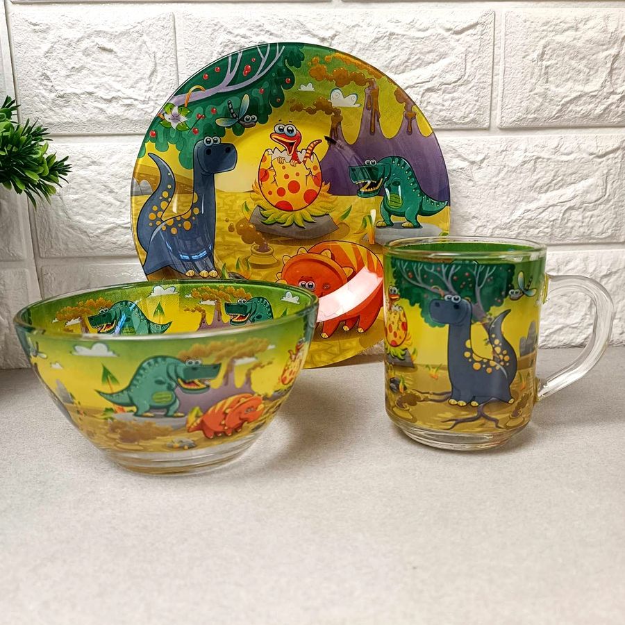 Подарунковий набір посуду для дітей Хороший Жовтий динозаврик (A9551) Hell