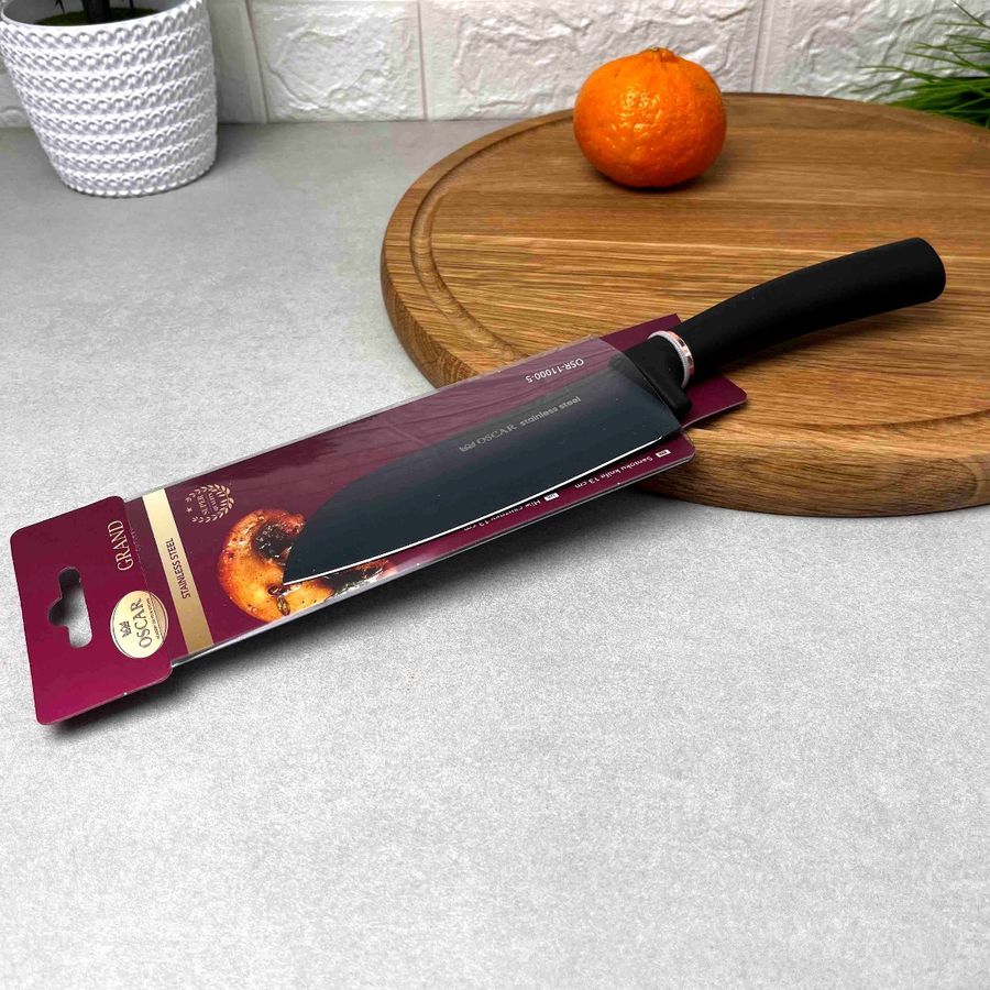Чорний кухонний ніж-сантоку 13 см із ручкою Soft-touch Oscar Grand Oscar