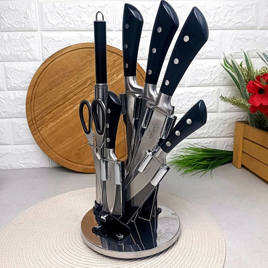 Набір чорних кухонних ножів з ножицями 8 предметів на підставці Bohmann Bohmann