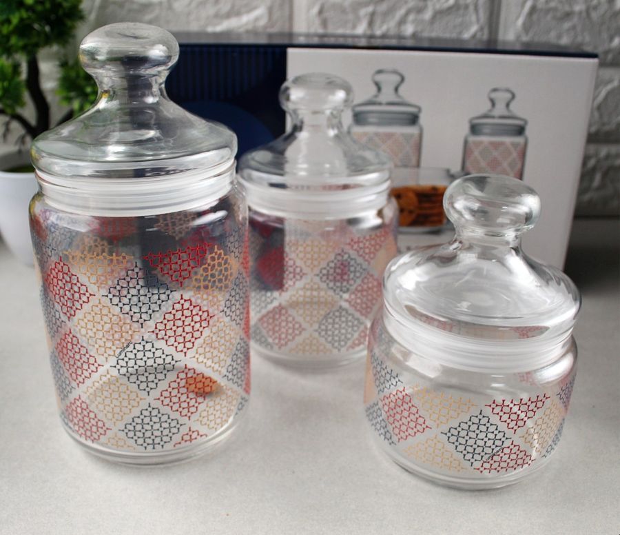Набор стеклянных банок в мелкий ромбик Luminarc Jar Pot Club Alto Rubis 3 шт 0,5+0,75+1 л (p2043) Luminarc