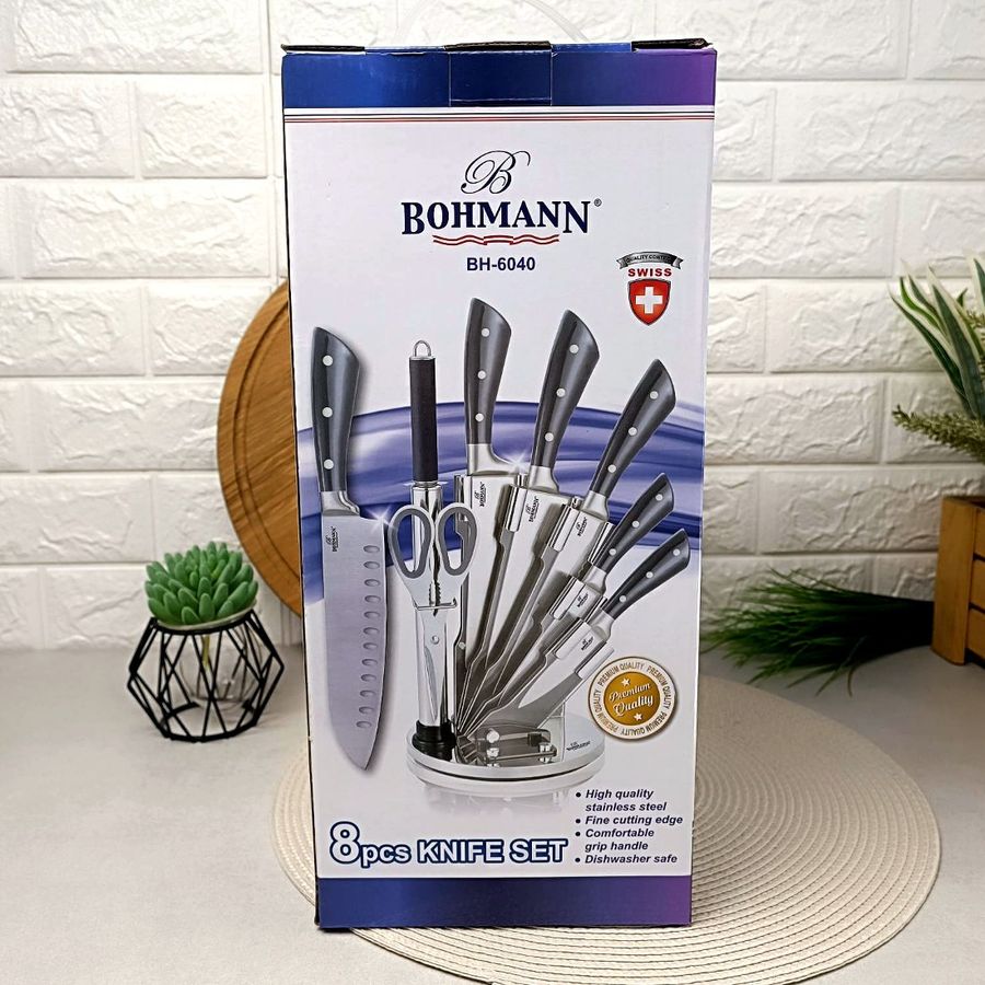 Набір сірих кухонних ножів з ножицями 8 предметів на підставці Bohmann Bohmann