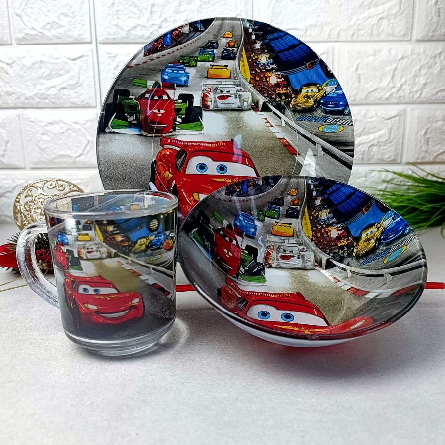 Подарочный набор посуды для мальчиков 3 пр Маквин Скоростная трасса, детская посуда Hell