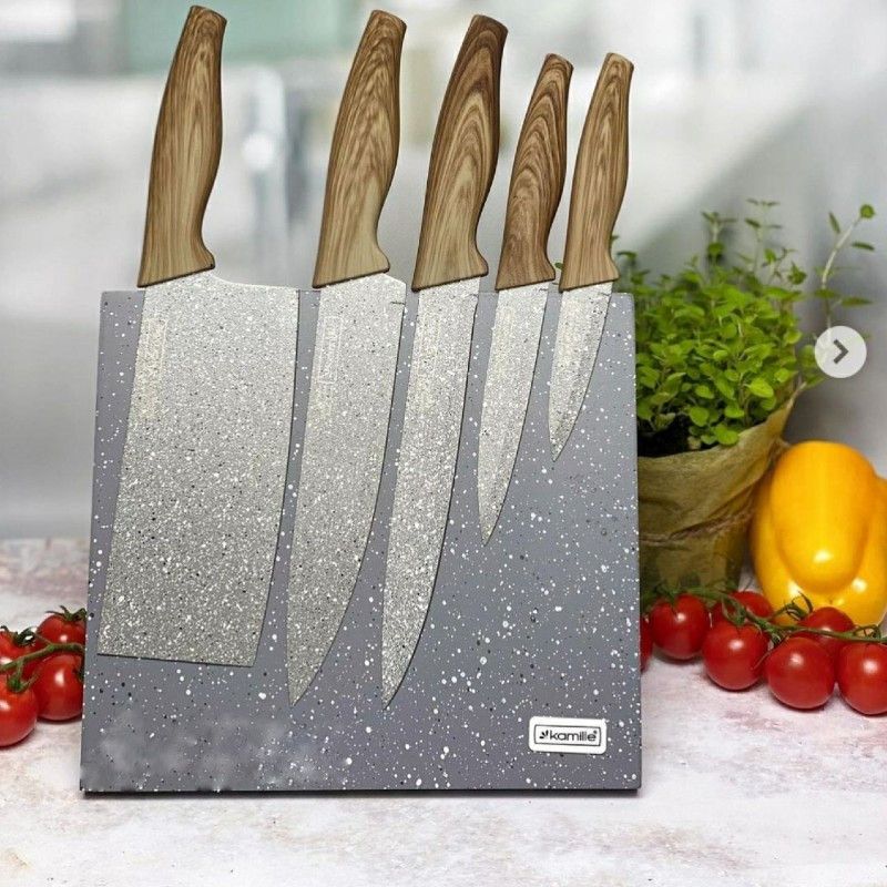 Набор кухонных мраморных ножей Шеф-повар 6 предметов на мраморной магнитной подставке Kamille Kamille