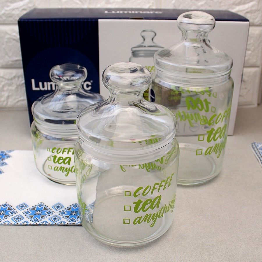 Набір скляних банок з салатовими написами Luminarc Jar Pot Club Coffee Tea 3 шт 0,5 + 0,75 + 1 л (p6667) Luminarc