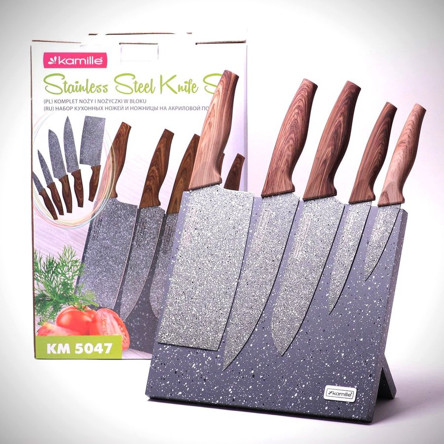 Набір кухонних мармурових ножів Шеф-кухар 6 предметів на мармуровій магнітній підставці Kamille Kamille