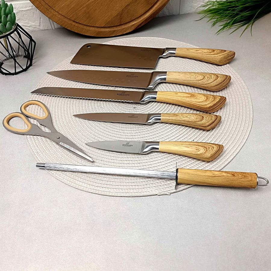 Набор кухонных ножей с ножницами 8 предметов на подставке Bohmann Беж Bohmann