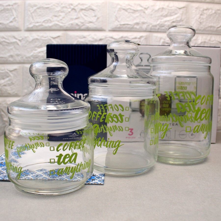 Набор стеклянных банок с салатовыми надписями Luminarc Jar Pot Club Coffee Tea 3 шт 0,5+0,75+1 л (p6667) Luminarc