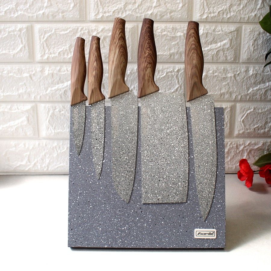 Набор кухонных мраморных ножей Шеф-повар 6 предметов на мраморной магнитной подставке Kamille Kamille