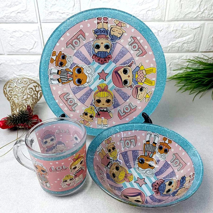 Набор детской стеклянной посуды для девочек 3 пр Lol в кругу друзей, детская посуда Hell