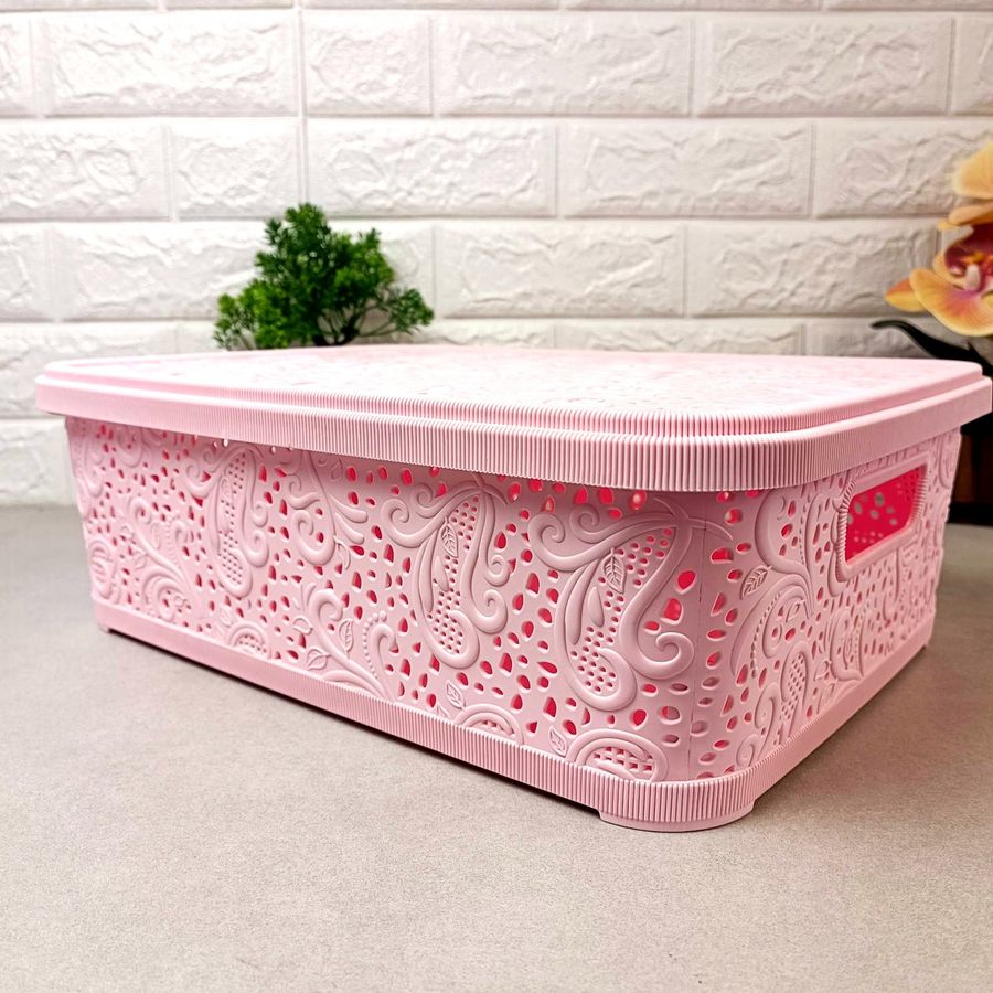 Большая пластиковая корзинка для хранения 12л Ажур Розовый Полимерагро