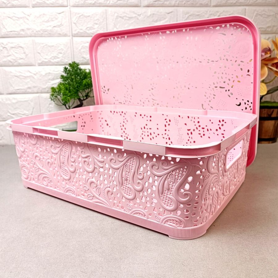 Большая пластиковая корзинка для хранения 12л Ажур Розовый Полимерагро