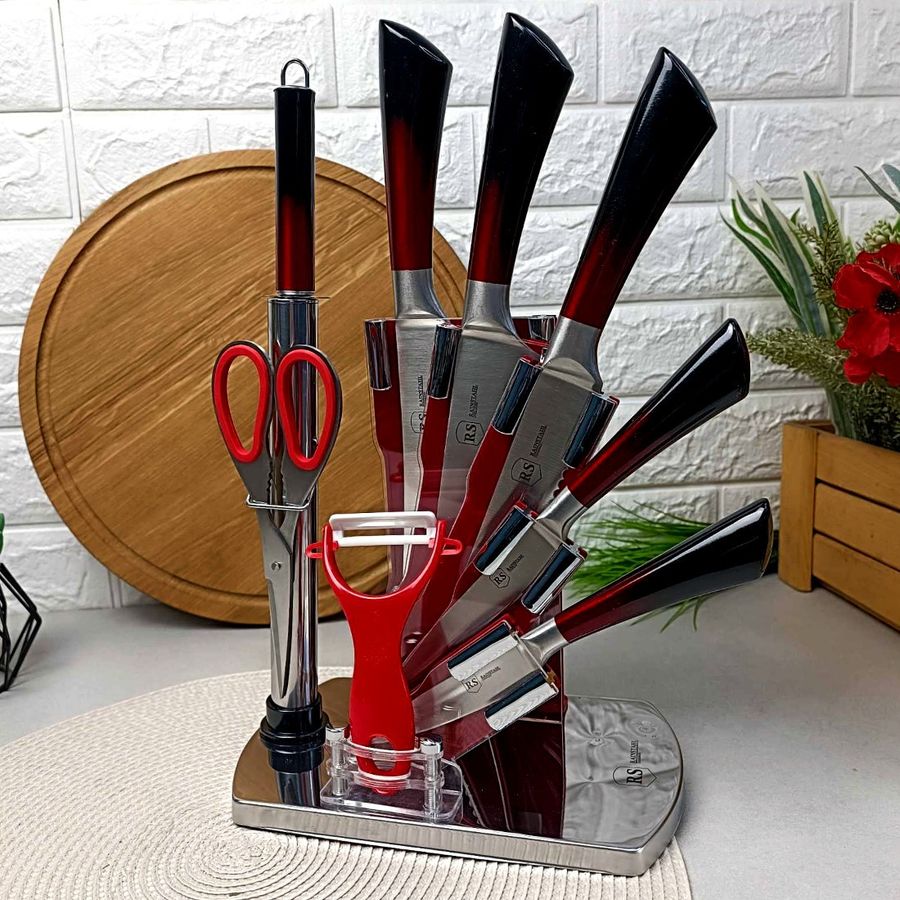 Набір червоних кухонних ножів з ножицями 9 предметів на підставці Bohmann Bohmann