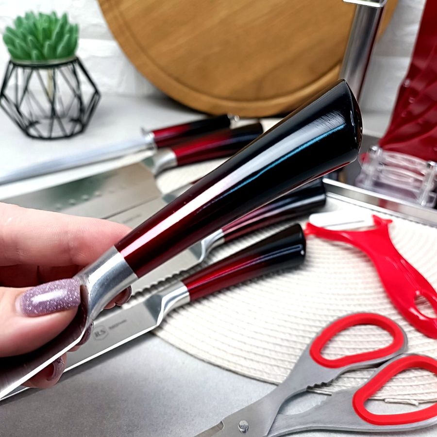 Набір червоних кухонних ножів з ножицями 9 предметів на підставці Bohmann Bohmann
