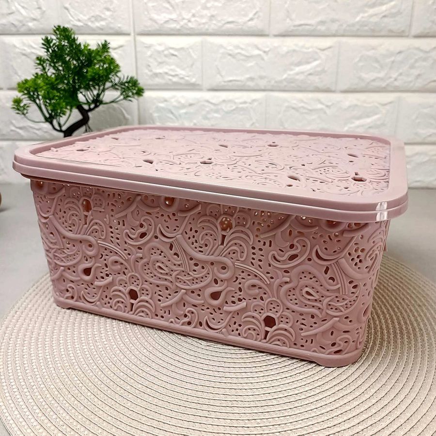 Ажурная розовая корзина для хранения с крышкой 6л Violetti