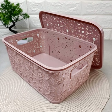 Большая ажурная розовая корзина для хранения с крышкой 28л Violetti
