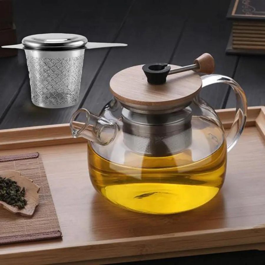 Заварочный стеклянный чайник с ситом-фильтром и с бамбуковой крышкой для плиты 1л Hell