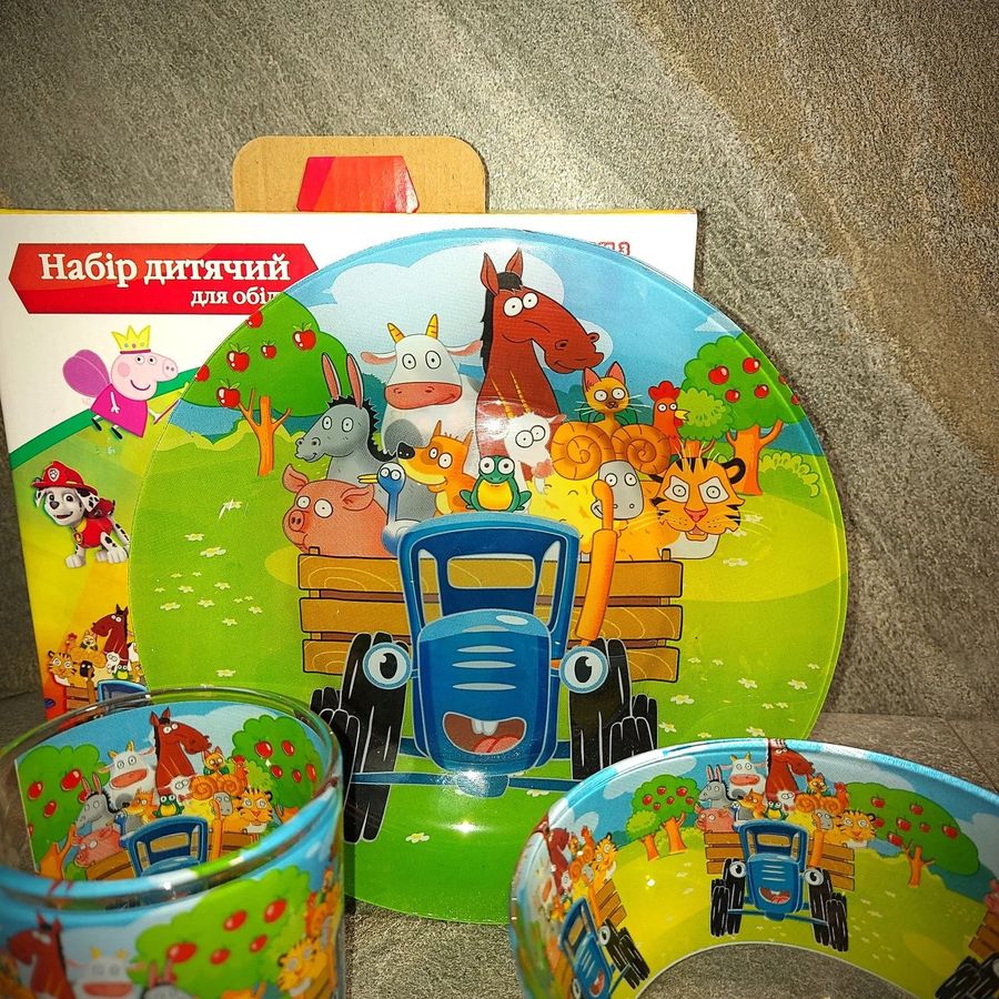 Набір дитячого скляного посуду 3 предмета з мульт-героями Синій трактор, Набір дитячого посуду, різнокольоровий Hell