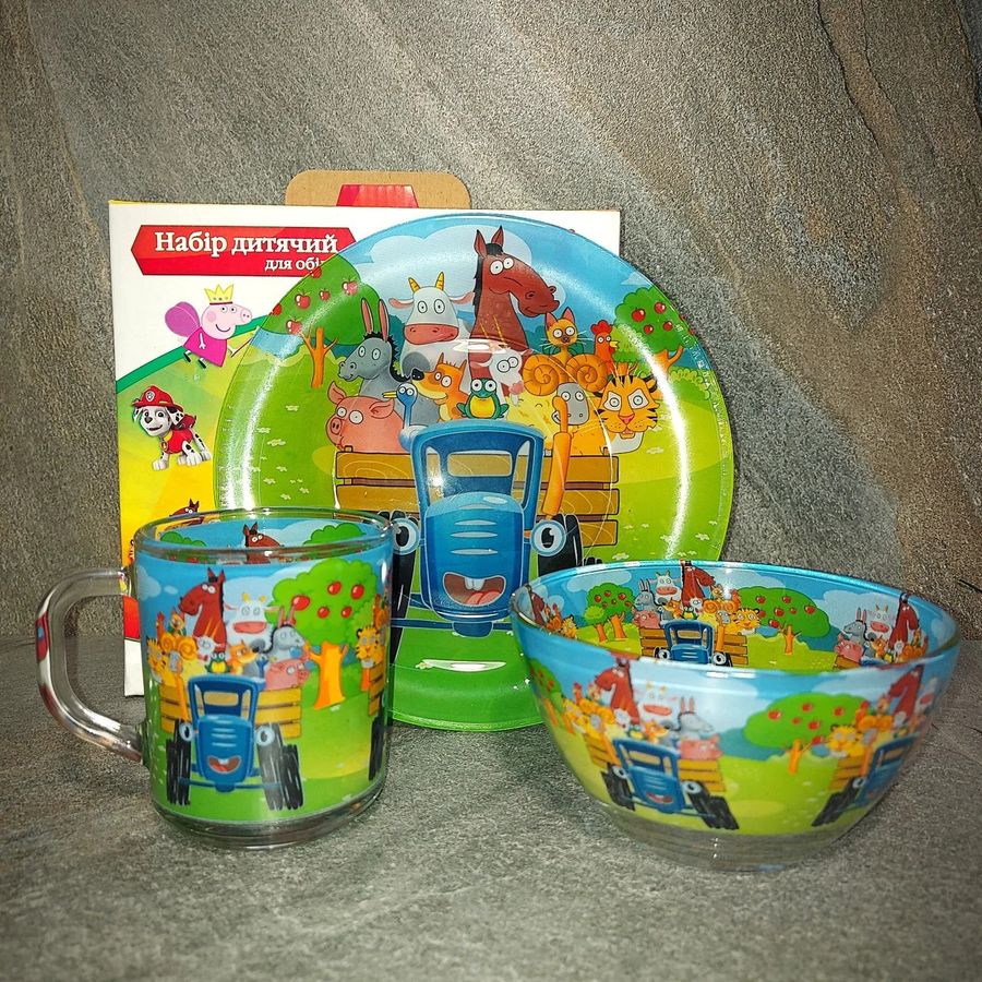 Набір дитячого скляного посуду 3 предмета з мульт-героями Синій трактор, Набір дитячого посуду, різнокольоровий Hell