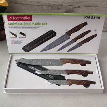 Набір сірих кухонних ножів на магнітній планці Kamille на 4 предмета (3 ножа + тримач) Kamille