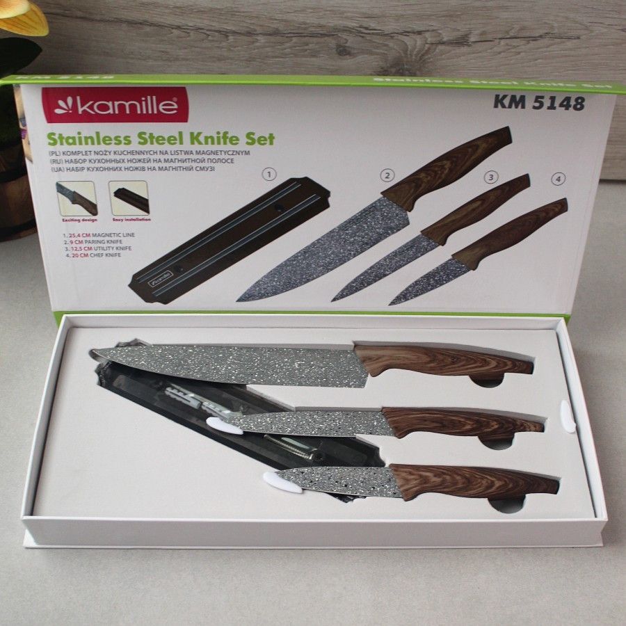 Набір сірих кухонних ножів на магнітній планці на 4 предмета (3 ножа + тримач) Kamille Kamille