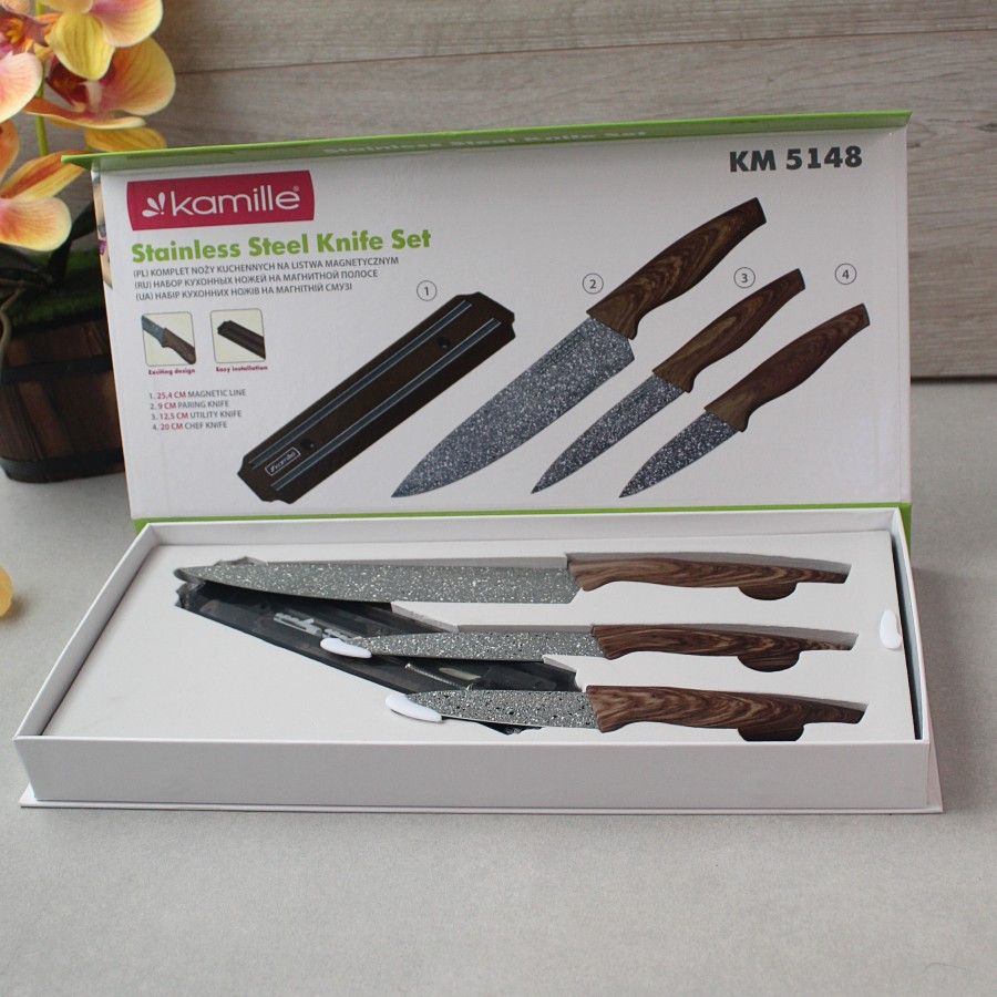 Набір сірих кухонних ножів на магнітній планці на 4 предмета (3 ножа + тримач) Kamille Kamille