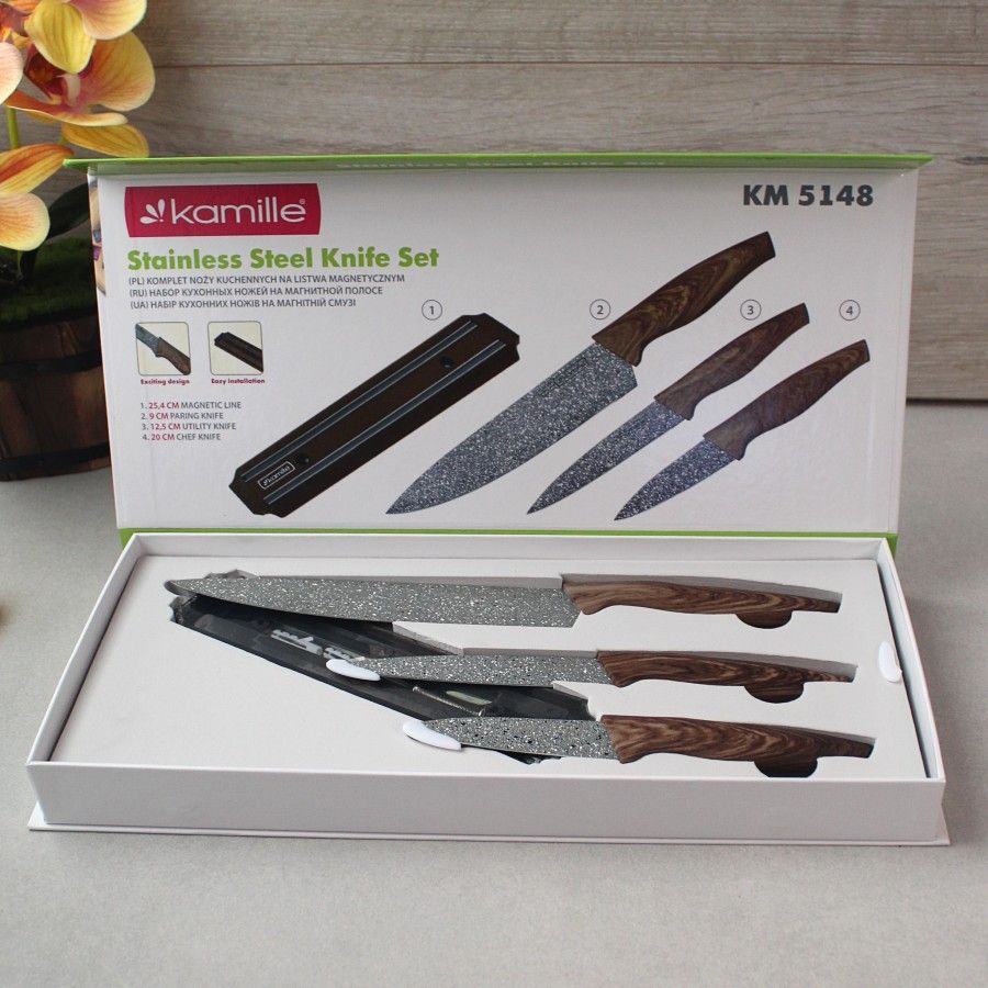 Набор серых кухонных ножей на магнитной планке на 4 предмета (3 ножа+держатель) Kamille Kamille
