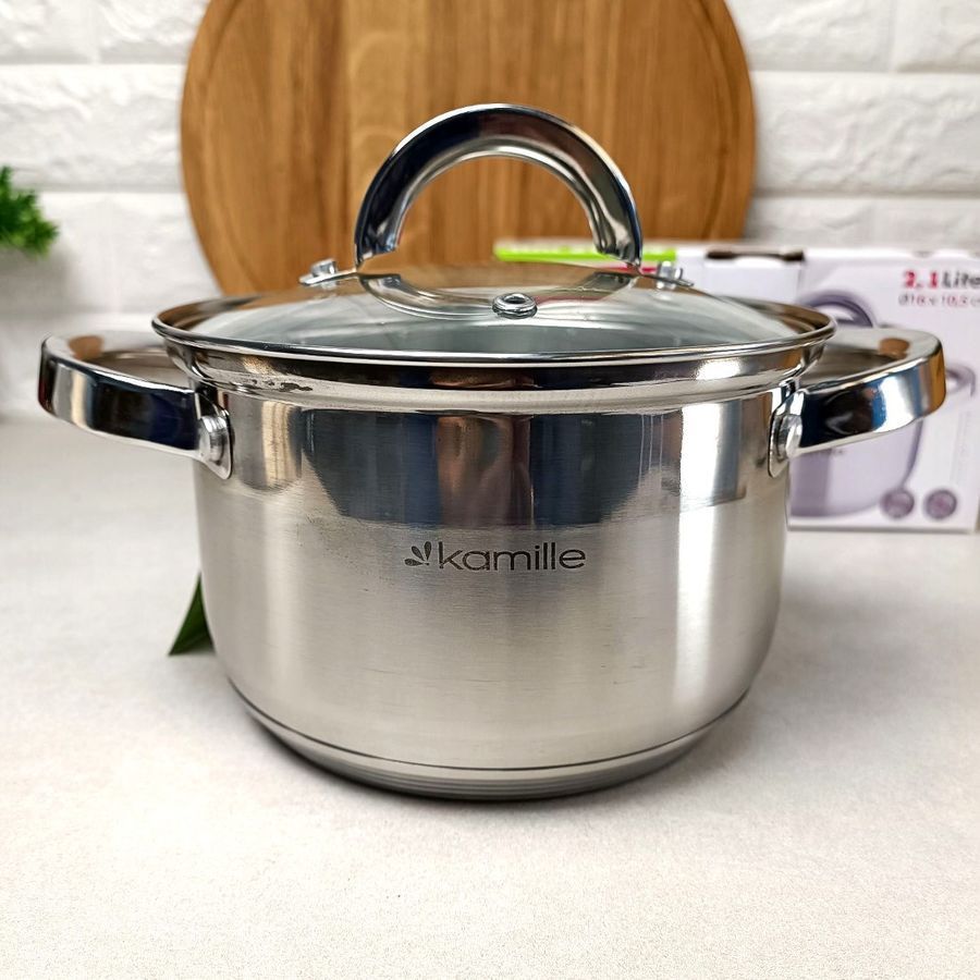 Кастрюля 2.1 л из нержавеющей стали с крышкой и полыми ручками Kamille