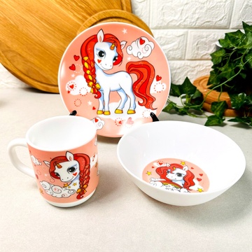 Детская посуда 3 предмета с мульт-героями Розовый Единорог Hell