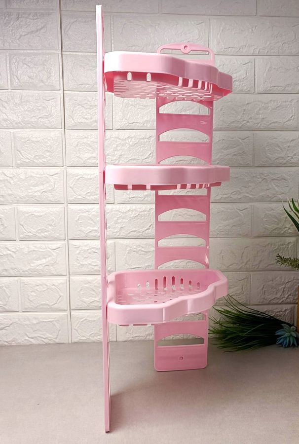 Угловая пластиковая трехъярусная полка в ванную розового цвета Craft