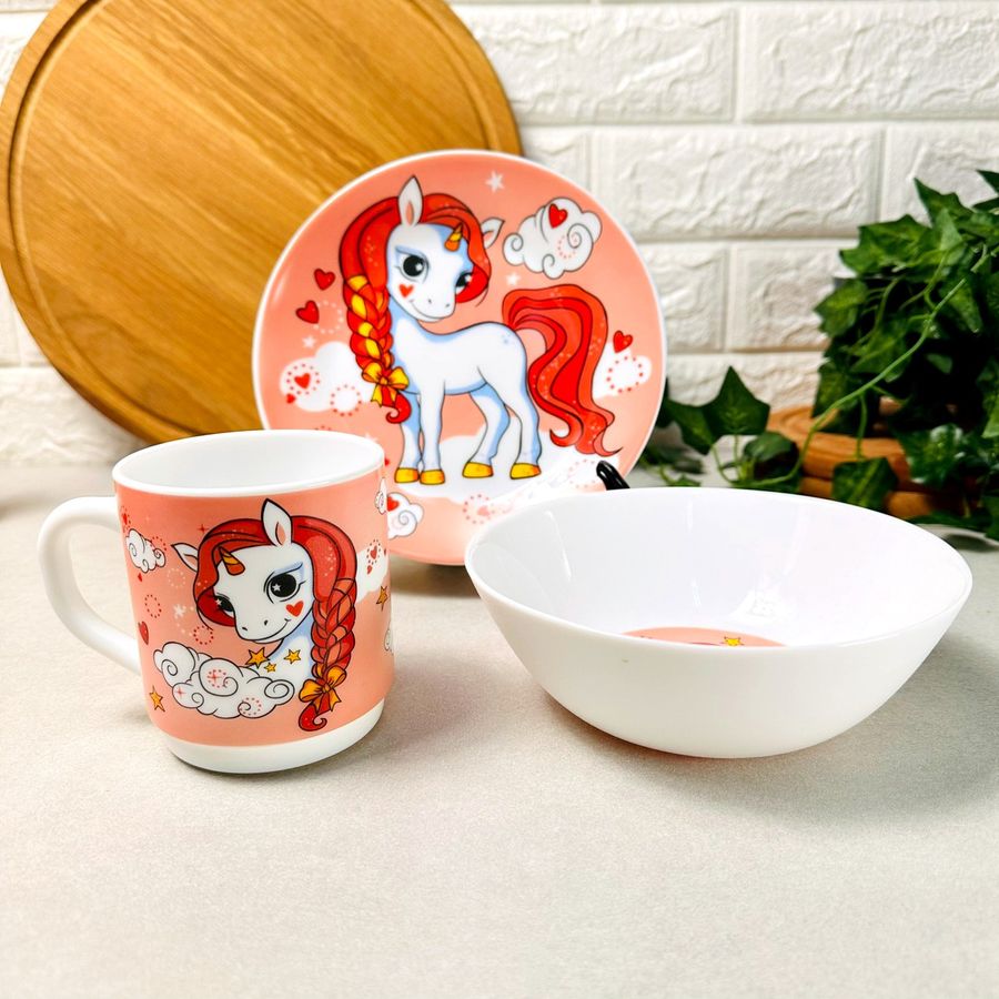 Детская посуда 3 предмета с мульт-героями Розовый Единорог Hell