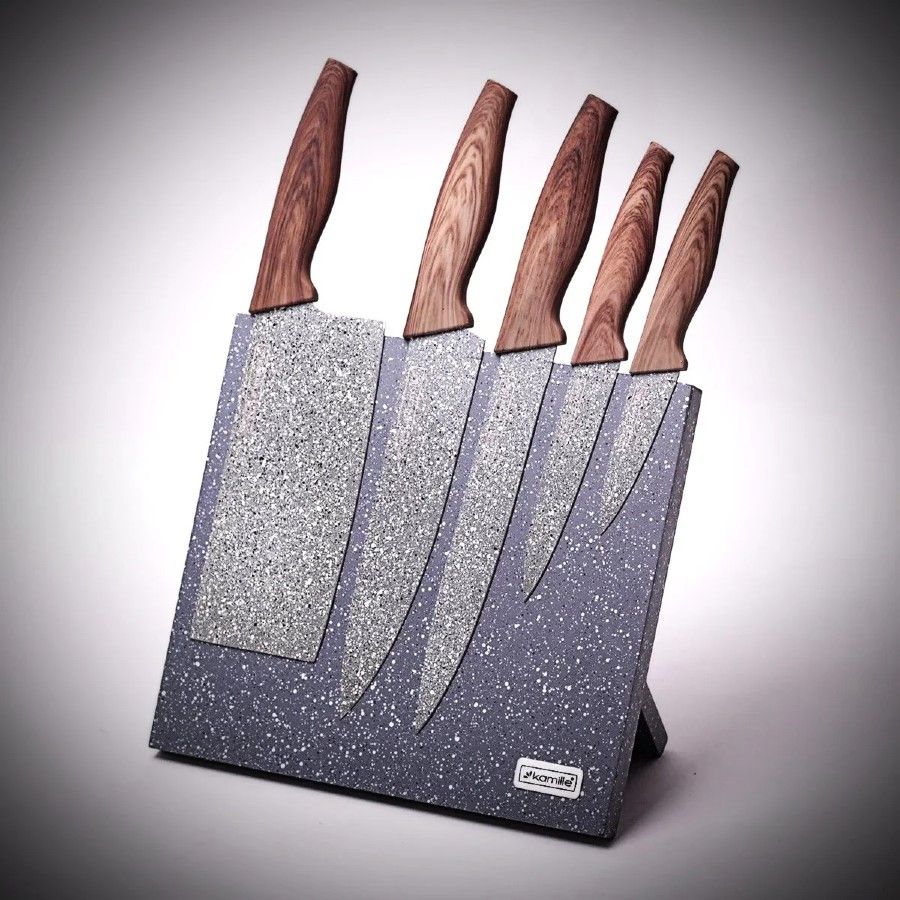 Набор универсальных мраморных ножей 6 предметов на магнитной мраморной подставке Kamille