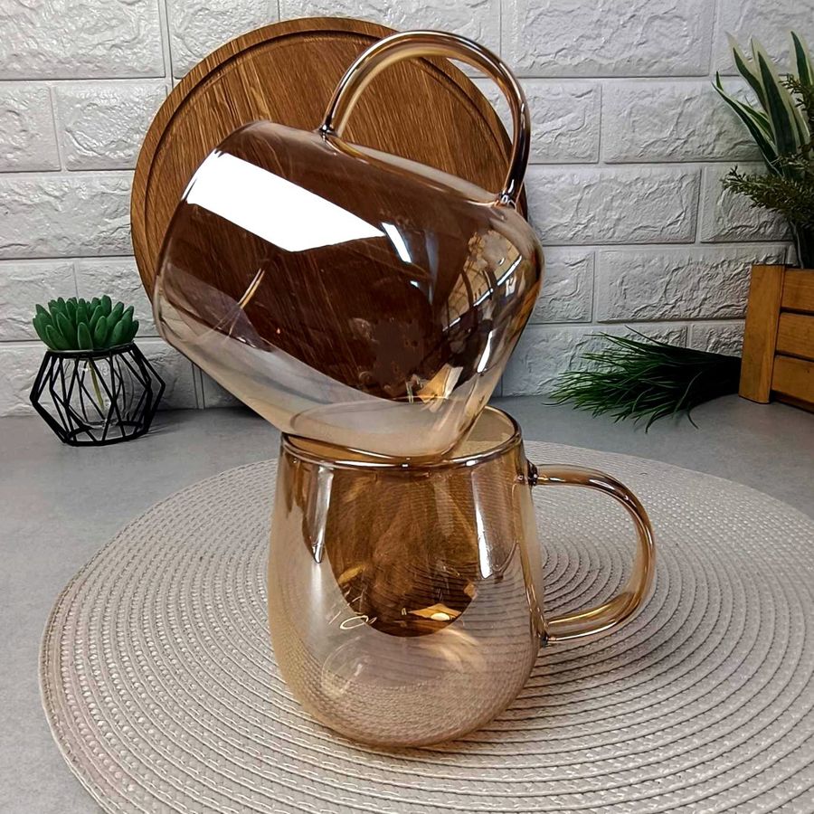 Чайна чашка із золотистим перламутром 350мл Amber із боросилікатного скла Crystal Hell