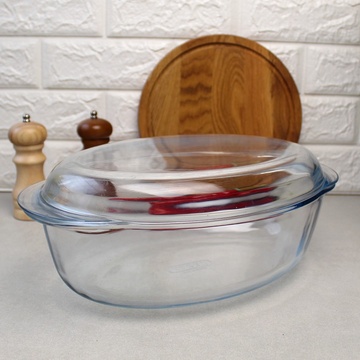 Стеклянная овальная утятница с крышкой на 4 л Pyrex, стеклянная кастрюля в духовку Pyrex