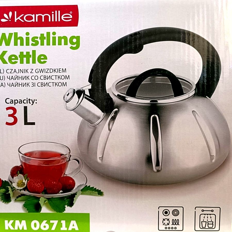 Чайник Kamille 3 л из нержавеющей стали со свистком и стеклянной крышкой для индукции Kamille