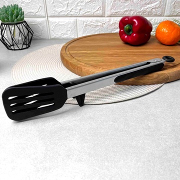 Силиконовые щипцы-лопатка для тефлоновой посуды чёрные 26 см Без бренда