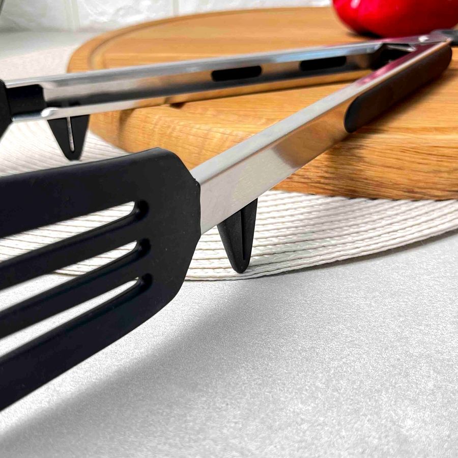 Силиконовые щипцы-лопатка для тефлоновой посуды чёрные 26 см Без бренда