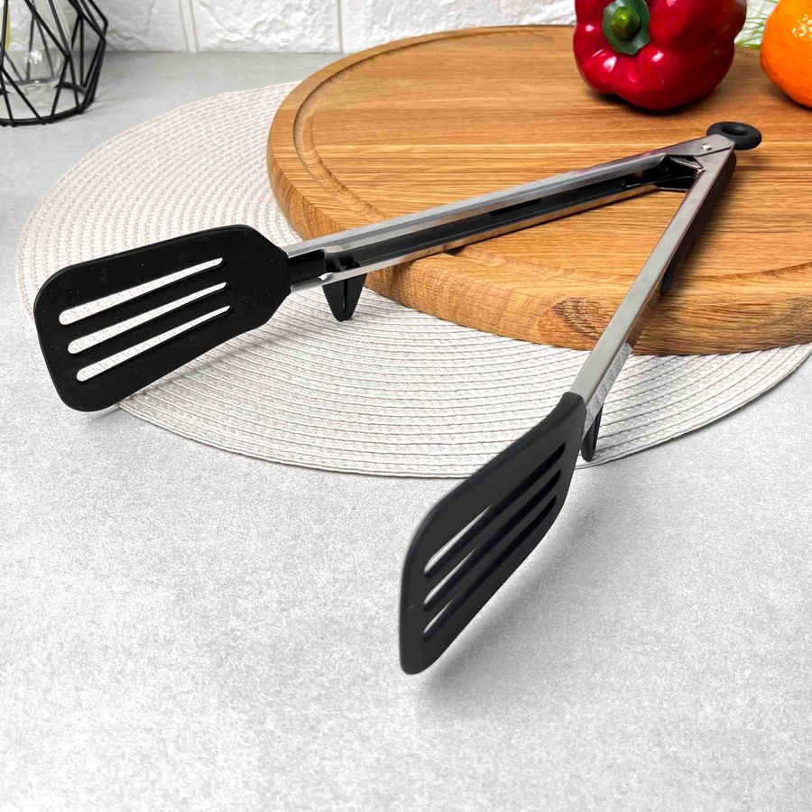 Силіконові щипці-лопатка для тефлонового посуду чорні 26 см Без бренда