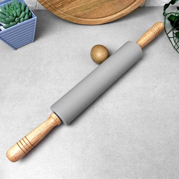 Большая силиконовая скалка для раскатки теста с деревянными ручками 42,5 см Серая Hell