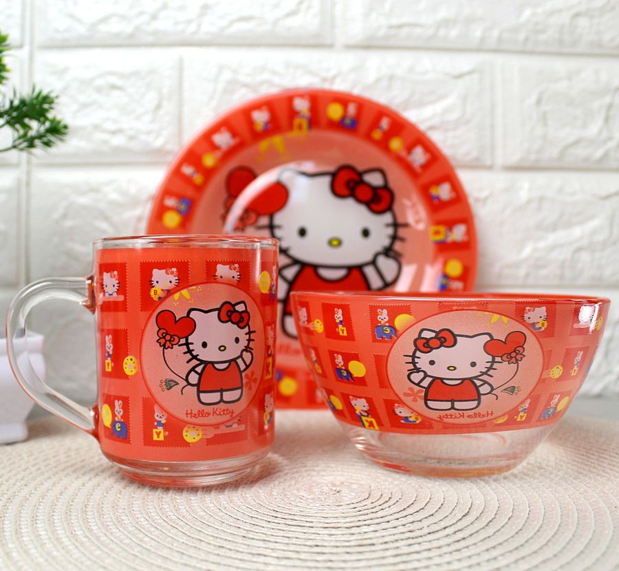 Набір дитячого посуду для дівчаток 3 предмета з мульт-героями Hello Kitty, різнокольоровий Hell