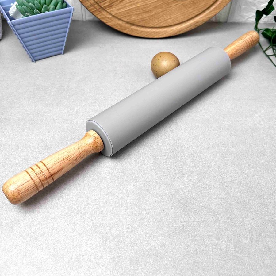 Велика силіконова качалка для розкочування тіста з дерев'яними ручками 42,5 см Сіра Hell