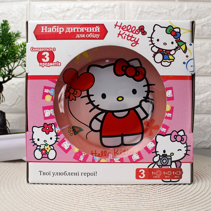 Набір дитячого посуду для дівчаток 3 предмета з мульт-героями Hello Kitty, різнокольоровий Hell