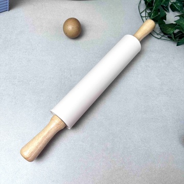 Велика силіконова качалка для розкочування тіста з дерев'яними ручками 42,5 см Молочная Hell