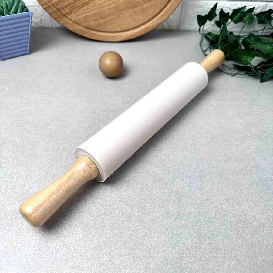 Большая силиконовая скалка для раскатки теста с деревянными ручками 42,5 см Молочная Hell
