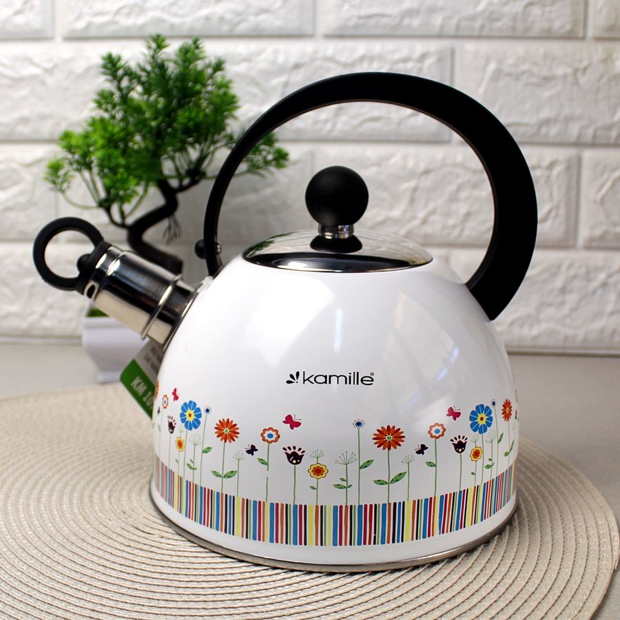 Чайник для индукционных плит 1,8л белый с цветочками Kamille
