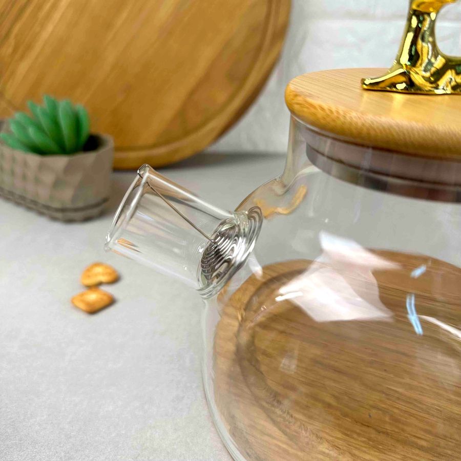 Заварочный стеклянный чайник 1л с бамбуковой крышкой для плиты Олени Hell