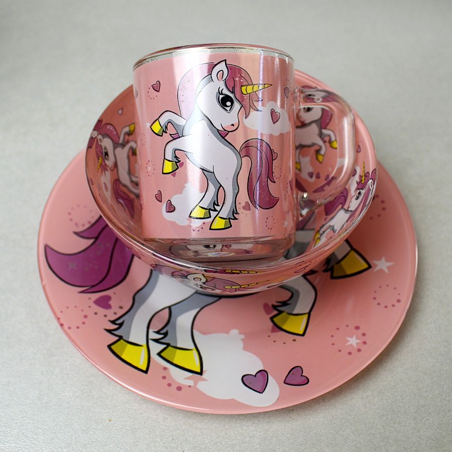 Набор детской посуды для девочек Единорог розовый, детская посуда Hell