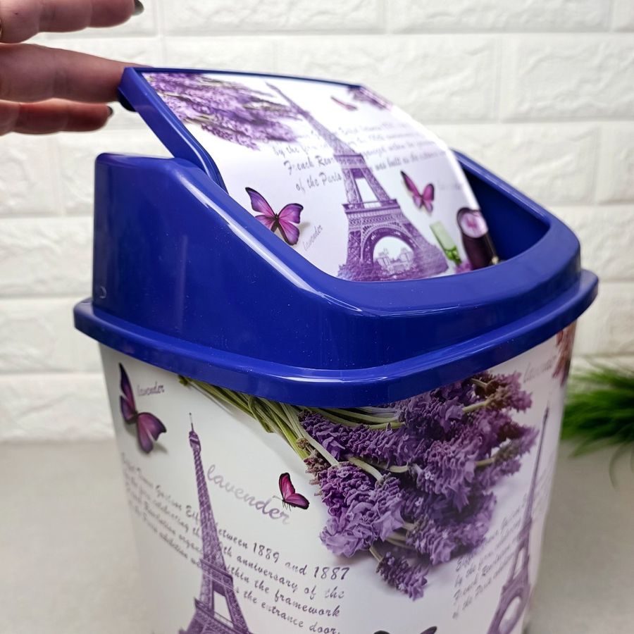 Біло-фіолетове відро для сміття з декором "Париж" і поворотною кришкою, 341 Elif Elif Plastik