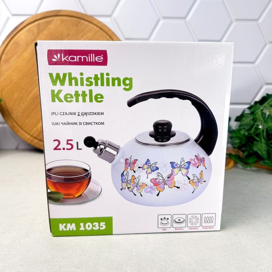 Чайник 2,5 л. эмалированный со свистком Kamille Бабочки Kamille